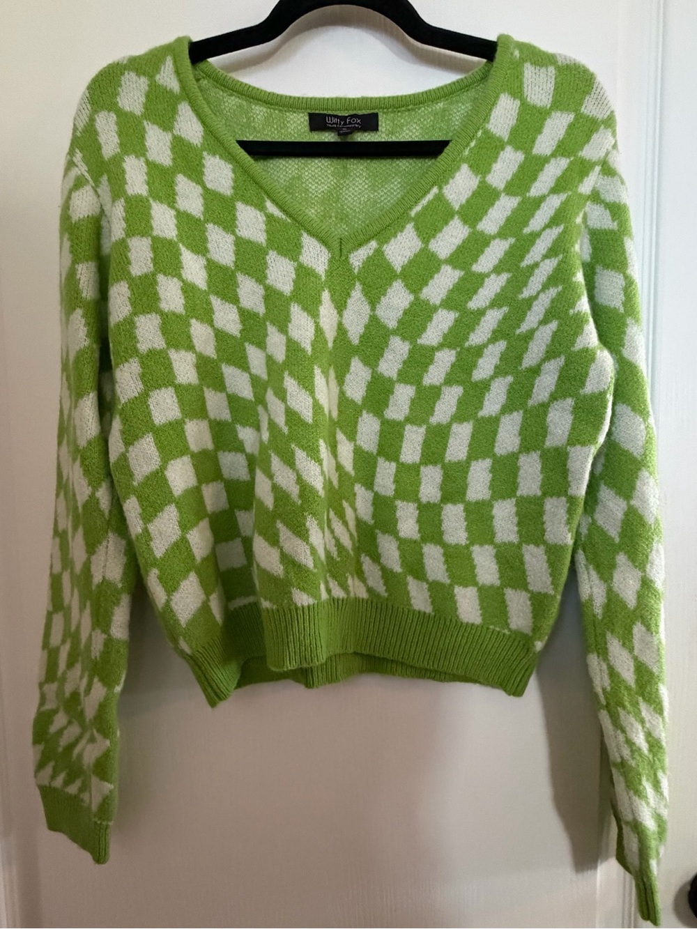 Witty Fox Green & White Checker V-Neck Knit Sweater Sz M